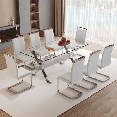 9 Piece Glass Dining Table Set, Kitchen Table Chairs Set for 8, 71'' Dining Table with 0.4" Tempered Glass Tabletop with Plated Metal Legs and MDF Crossbar, 8 PU Chairs for Dining Room, Kitchen.