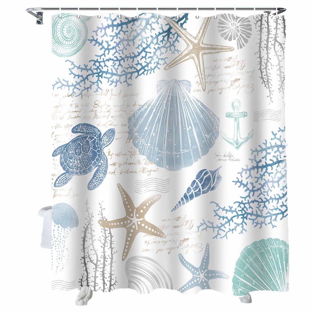 W1naFun Elegant Ocean Theme Shower Curtain 54" x 78", Bathroom Shower Curtains Waterproof Shower Curtain Sets with 12 Hooks, Navy Blue Nautical Fabric Bath Curtain for Home Bathtub Decoration