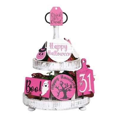 Halloween Tiered Tray Decor Set,9 Pcs Halloween Atmosphere Layered Tray Decoration,Happy Halloween Round Signs,Pink Mini Cute Ghost Model,Trick or Treat Wooden Hanging Signs for Halloween,Home(Pink)