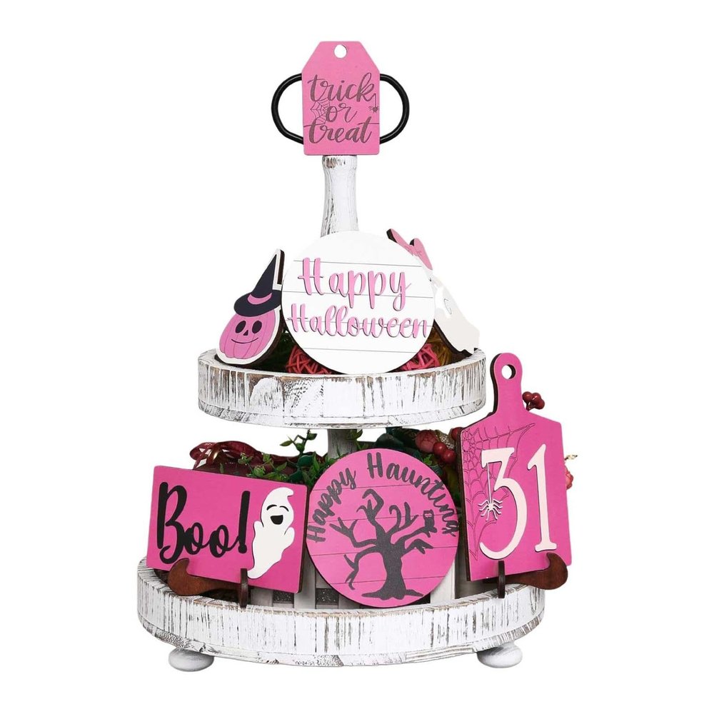 Halloween Tiered Tray Decor Set,9 Pcs Halloween Atmosphere Layered Tray Decoration,Happy Halloween Round Signs,Pink Mini Cute Ghost Model,Trick or Treat Wooden Hanging Signs for Halloween,Home(Pink)