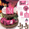 Halloween Tiered Tray Decor Set,9 Pcs Halloween Atmosphere Layered Tray Decoration,Happy Halloween Round Signs,Pink Mini Cute Ghost Model,Trick or Treat Wooden Hanging Signs for Halloween,Home(Pink) view 2