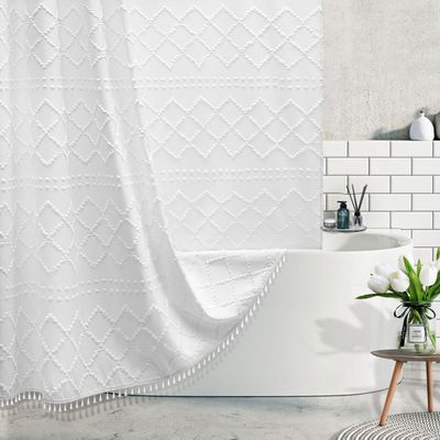 Stall Boho White Woven Fabric Shower Curtain with Tassels 48 x 72 Modern Farmhouse Minimalist Tufted Chevron Striped Shabby Chic Textured, Water Resistant Curtain for Bathroom, Hotel Decor