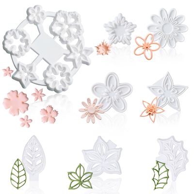 13Pcs Fondant Flower & Leaf Mold Kit, Includes Cherry Blossom, Daisy & Periwinkle Designs, Complete Sugarcraft Supplies for Cake Art