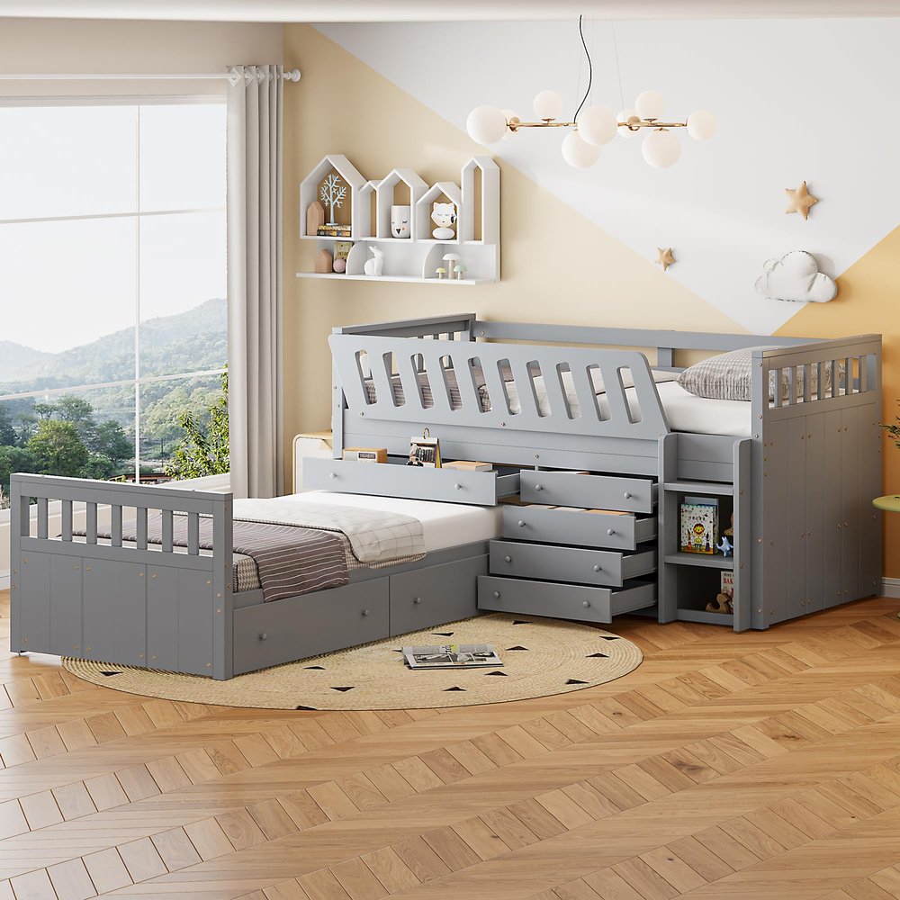 Tdewlye L-Shape Bed with 2,2 Beds in 1 for 2 Kids Incluede Twin Low Loft Bed with Twin Platform Bed Wooden Kids Beds Frame with 7 Drawers and Full Guardrails for Boys,Girls,Child,Teens (Gray-@34)