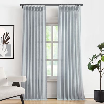 95 Inches Blue Grey Pinch Pleated Semi Sheer Curtains Linen Blend Light Filtering Window Curtain for Living Room Bedroom Pinch Pleat Back Tab Drapes with Hooks 2 Panels 40" W x 95" L
