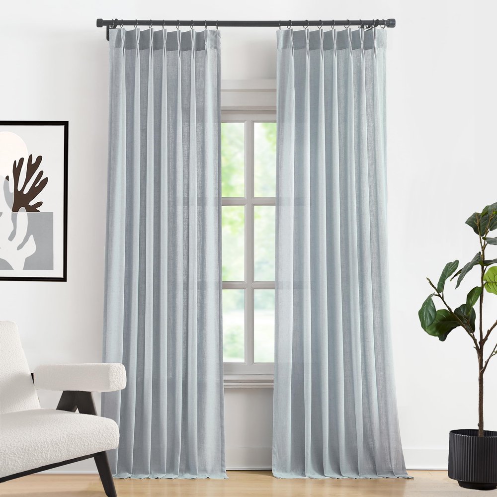95 Inches Blue Grey Pinch Pleated Semi Sheer Curtains Linen Blend Light Filtering Window Curtain for Living Room Bedroom Pinch Pleat Back Tab Drapes with Hooks 2 Panels 40" W x 95" L