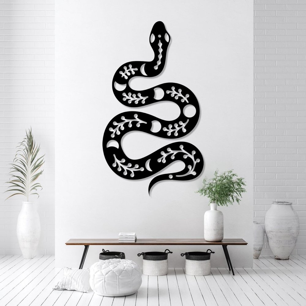 fouholk Metal Moon Phase Snake Wall Art, Snake Metal Wall Decor, Moon Phase Wall Decor, Snake Metal Wall Hanging, Farmhouse Wall Decor, Home Decor, Wildlife Lover Gift (Black, 13"x24"|34x60cm)