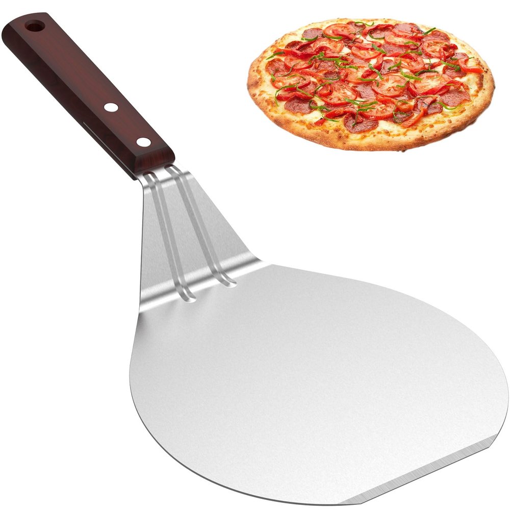 Abizarch Stainless Steel Pizza Peel Metal Round Pizza Paddle Pizza Spatula with Wood Handle Cake Lifter Transfer Tray Pizza Shovel for Baking Homemade Pizza and Bread or Cheese Serving Tray 13.2x6.5in