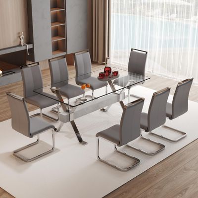 9 Piece Glass Dining Table Set, Kitchen Table Chairs Set for 8, 71'' Dining Table with 0.4" Tempered Glass Tabletop with Plated Metal Legs and MDF Crossbar, 8 PU Chairs for Dining Room, Kitchen.
