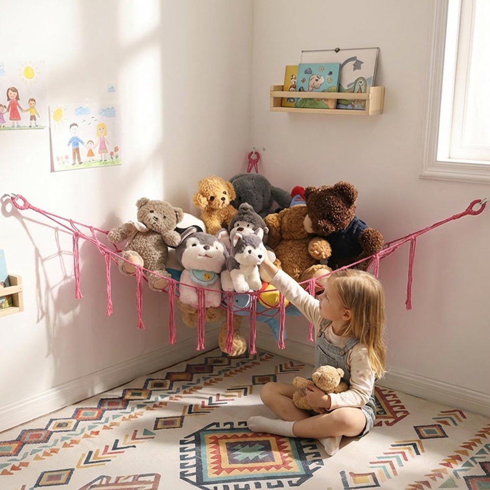 YKBU Stuffed Animals Hammock Corner Hanging Net with Tassel Macrame Stuffed Animal Storage Plush Toy Holder Toy Organizer for Boho Nursery Playroom Bedroom Kids Room (pink, large)