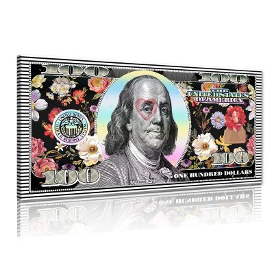 100 Dollar Bill Canvas Wall Art Colorful Vintage Floral Posters and Prints Abstract Motivational Dollar Themed Wall Decor for Living Room Office Framed and Ready to Hang - 32x16inch
