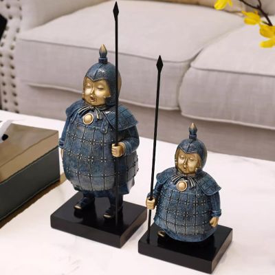 2Pcs Set Terracotta Warriors Statue Spear Guard Soldiers Sculpture, Terra Cotta Armor Figurines Home Decor, Qin Knight Art Figure Warhorse Desktop Decorations for Office Party (InfantryWarriorSet)