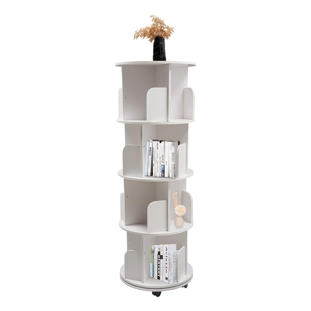 SuiYuLn 4 Tier Bookshelf,360 Revolving Bookcase,Free Standing Corner Display Rack,Narrow Book Shelf Organizer with Wheels for Home Office (White)