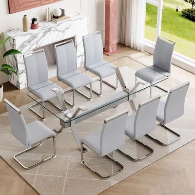 9 Piece Glass Dining Table Set, Kitchen Table Chairs Set for 8, 71'' Dining Table with 0.4" Tempered Glass Tabletop with Plated Metal Legs and MDF Crossbar, 8 PU Chairs for Dining Room, Kitchen.