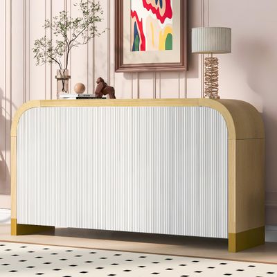 4-Door Curved Corner Design Wavy Door Panel Cabinet with Adjustable Shelves,for Study Living Room Entrance (White@Wavy Door)