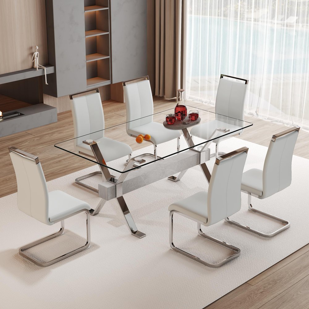 7 Piece Glass Dining Table Set, Kitchen Table Chairs Set for 6, 71'' Dining Table with 0.4" Tempered Glass Tabletop with Plated Metal Legs and MDF Crossbar, 6 PU Chairs for Dining Room, Kitchen.