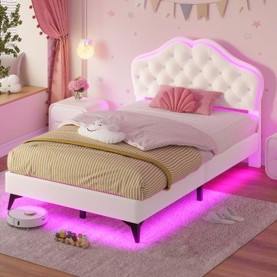 ADORNEVE Twin Bed Frame with RGB LED Lights, Princess Bed Frame with Adjustable Crystal Button Headboard, Velvet Upholstered Platform Bed for Girls, Solid Wooden Slats, Easy Assembly, Creamy White