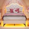 ADORNEVE Twin Bed Frame with RGB LED Lights, Princess Bed Frame with Adjustable Crystal Button Headboard, Velvet Upholstered Platform Bed for Girls, Solid Wooden Slats, Easy Assembly, Creamy White view 3