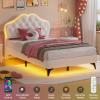 ADORNEVE Twin Bed Frame with RGB LED Lights, Princess Bed Frame with Adjustable Crystal Button Headboard, Velvet Upholstered Platform Bed for Girls, Solid Wooden Slats, Easy Assembly, Creamy White view 4