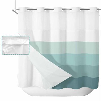 Ldtrchee No Hook Teal Ombre Shower Curtain with Snap in Liner Set, Modern Abstract Art Farmhouse Striped Waterproof Fabric Bathroom Curtains with See Through Top Window, Hotel Style Long 72 x 78 Inch