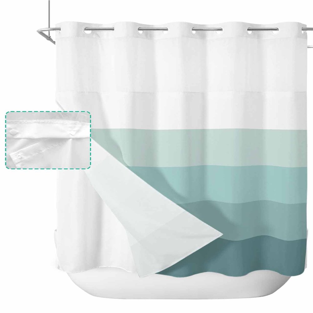 Ldtrchee No Hook Teal Ombre Shower Curtain with Snap in Liner Set, Modern Abstract Art Farmhouse Striped Waterproof Fabric Bathroom Curtains with See Through Top Window, Hotel Style Long 72 x 78 Inch