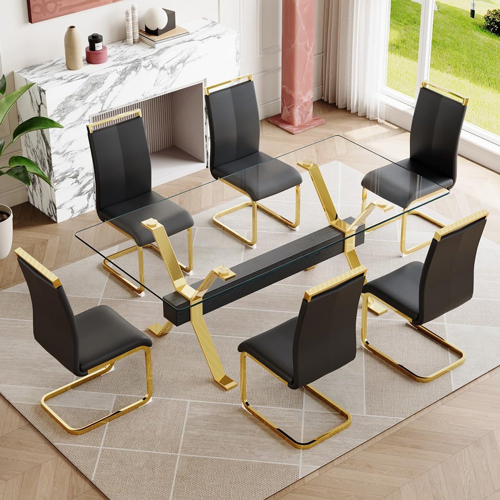 7 Piece Glass Dining Table Set, Kitchen Table Chairs Set for 6, 71'' Dining Table with 0.4" Tempered Glass Tabletop with Plated Metal Legs and MDF Crossbar, 6 PU Chairs for Dining Room, Kitchen.