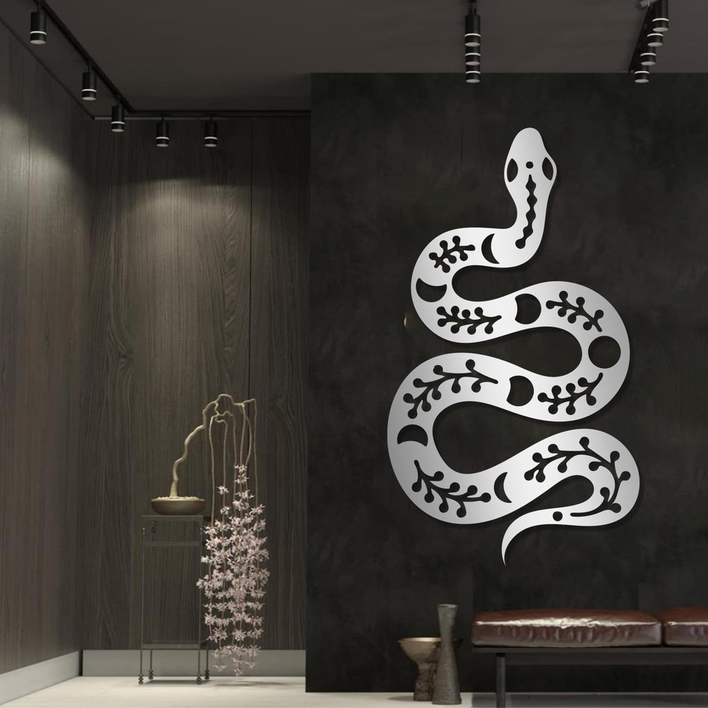 fouholk Metal Moon Phase Snake Wall Art, Snake Metal Wall Decor, Moon Phase Wall Decor, Snake Metal Wall Hanging, Farmhouse Wall Decor, Home Decor, Wildlife Lover Gift (Silver, 13"x24"|34x60cm)