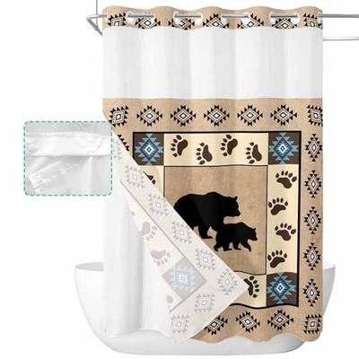 Ldtrchee No Hook Brown Southwestern Shower Curtain with Snap in Liner Set, Farmhouse Bear Geometric Boho Waterproof Fabric Bathroom Curtains with See Through Top Window, Hotel Style Long 72 x 84 Inch
