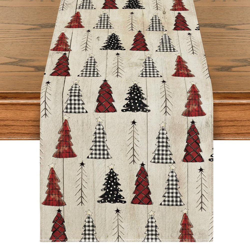 Artoid Mode Wood Xmas Tree Christmas Table Runner, Seasonal Winter Holiday Kitchen Dining Table Decoration for Home Party Decor 13x90 Inch