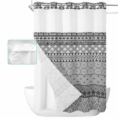 Ldtrchee No Hook Black Grey Geometric Shower Curtain with Snap in Liner Set, Boho Modern Abstract Aesthetics Waterproof Fabric Bathroom Curtains with See Through Top Window, Stall 48 x 72 Inch