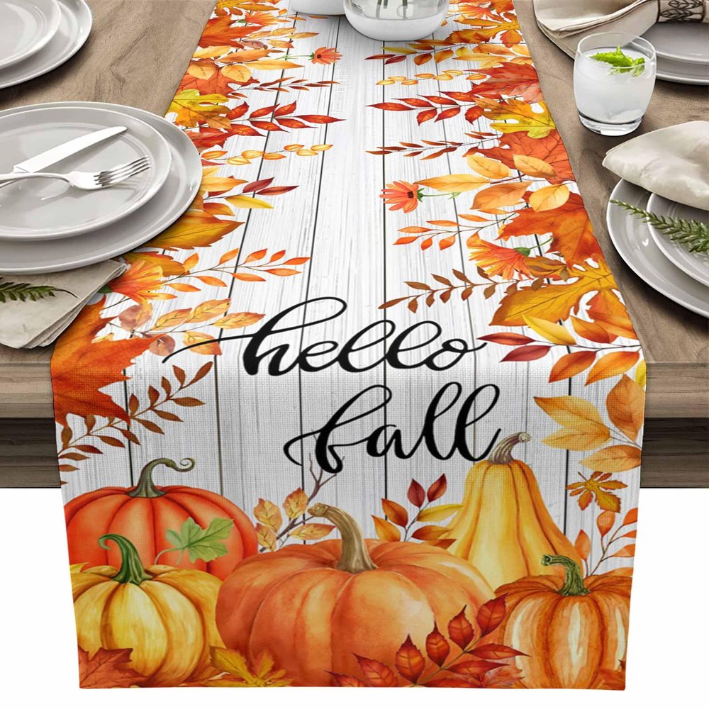 Hello Fall Pumpkin Table Runner Dresser Scarves, Thanksgiving Wood Texture 14x72 inches Long Dining Table Runner, Autumn Non-Slip Washable Table Setting Decor for Wedding Party Holiday Dinner