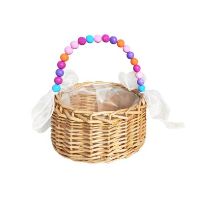 2pcs Wicker Rattan Flower Girl Baskets Wedding Flower Girl Baskets with Pearl Handles Hand Woven Basket for Wedding Garden Home Decoration