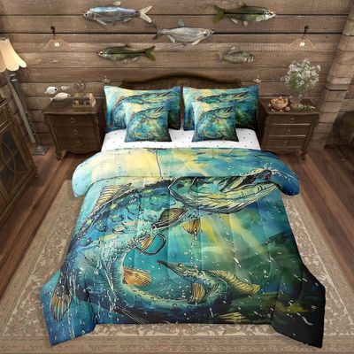 Erosebridal Boys Fish Bedding Full Size 7pcs Big Pike Fish Comforter Set,Wild Animal Wildlife Bedding Comforter Sets Farmhouse Fishing Bed in a Bag River House Bed Sheets Set,Cozy for All Season