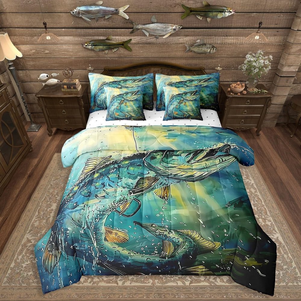 Erosebridal Boys Fish Bedding Full Size 7pcs Big Pike Fish Comforter Set,Wild Animal Wildlife Bedding Comforter Sets Farmhouse Fishing Bed in a Bag River House Bed Sheets Set,Cozy for All Season