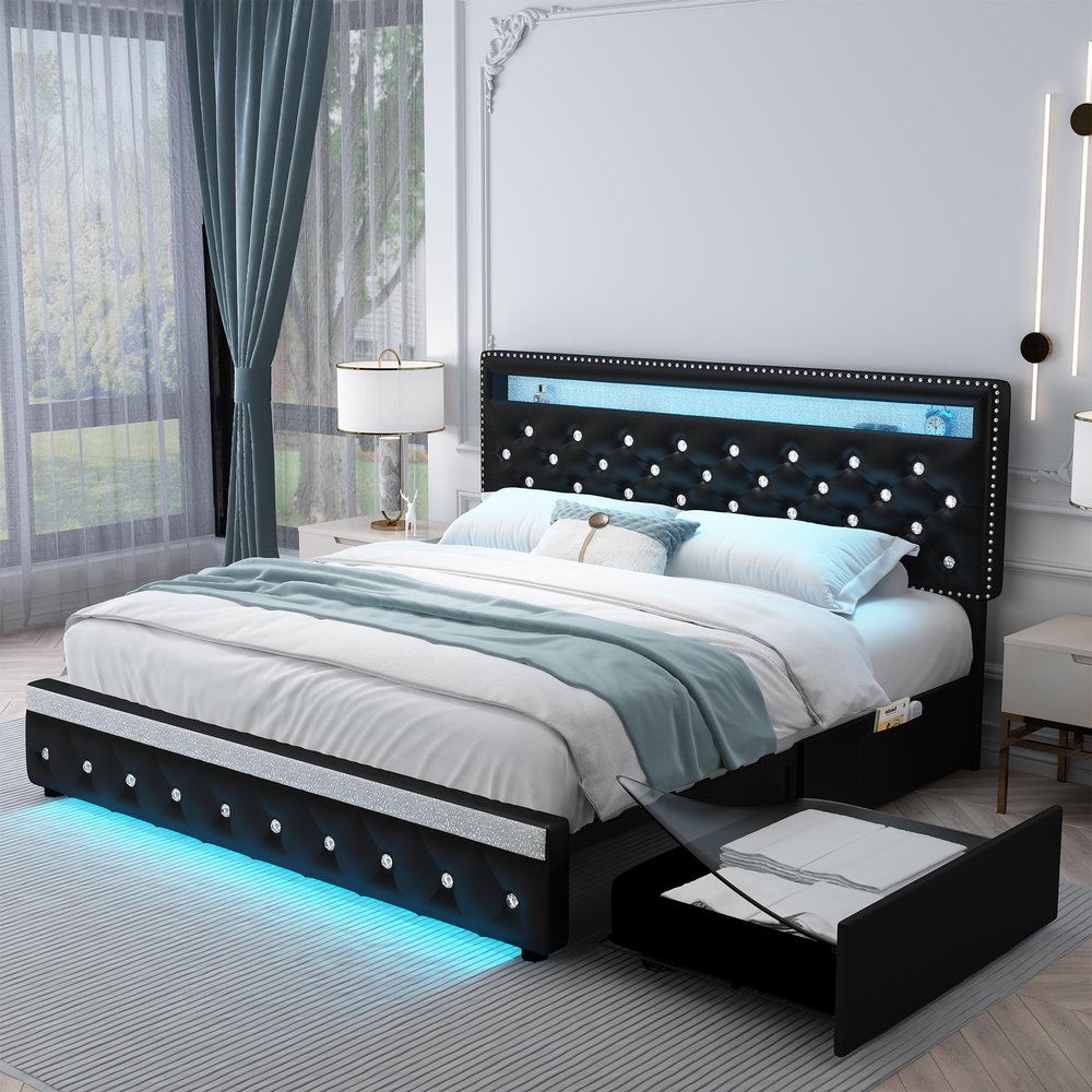 Sibeds King Led Bed Frame with 2 Drawers, Heavy Duty King Size Platform Bed with Storage, Upholstered Bed Frames with Adjustable Headboard, Solid Support, No Box Spring Needed, Easy Assembly, PU Black