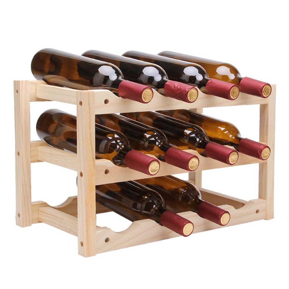 12-Bottle Wine Rack 3-Tier Wood Wine Display Rack/Free Standing and Countertop Wine Storage Shelf Bottle Holder for Kitchen, Bar, Pantry, Wine Cellar, Countertop