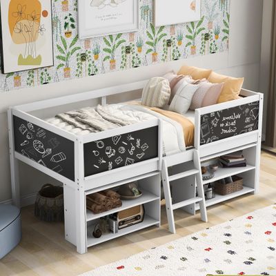 VRAXO Twin Size Low Loft Bed with Two Movable Shelves and Ladder,with Decorative Guardrail Chalkboard,White 78x 39x 35.4 inch (LxWxH)