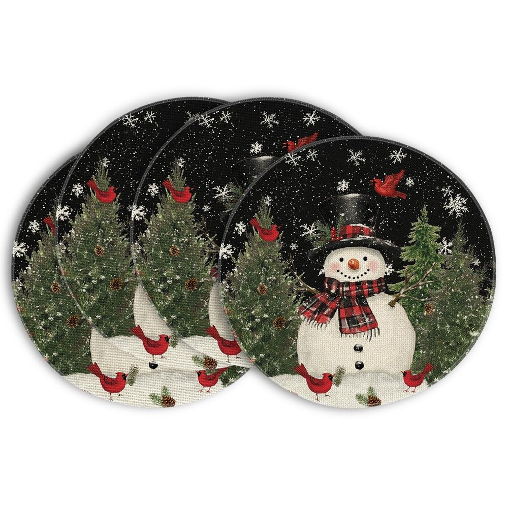 Artoid Mode Snowman Trees Snowflakes Christmas Round Placemats Set of 4, 14 Inch Black Winter Round Table Mats for Dining Decoration