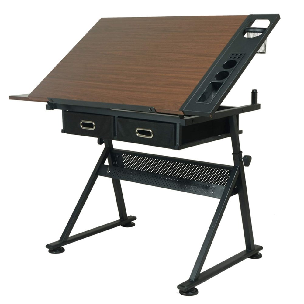 FAFACAI Drawing Table Drafting Desk, Height Adjustable Drafting Desk Tiltable Tabletop Drawing Table, with 2 Storage Drawers Art Writing Reading Workstation,Brown (Brown) (Brown)