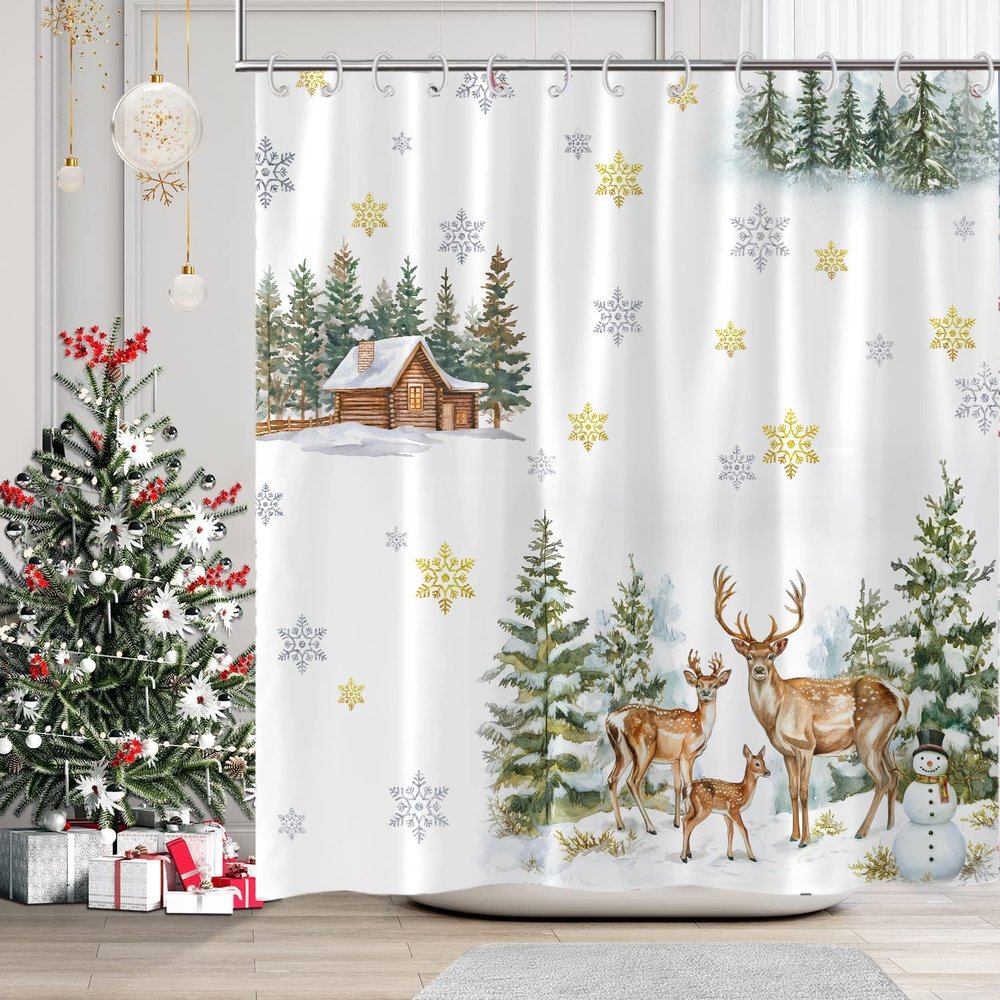 Hajmsug Christmas Shower Curtain, Winter Snowman Green Forest Pine Tree Deer Snowflake,Winter Yeti Bathroom Shower Curtain Sets, Farmhouse Holiday Decor for Bathroom Set with 12 Hooks,71X71 Inch.