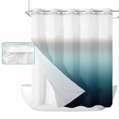 Green No Hook Shower Curtain with Snap in Liner, Grey Turquoise Stripe Gradient Hotel Shower Curtains for Bathroom, Washable Shower Curtain Liner Set with See Through Window, 72"x84"