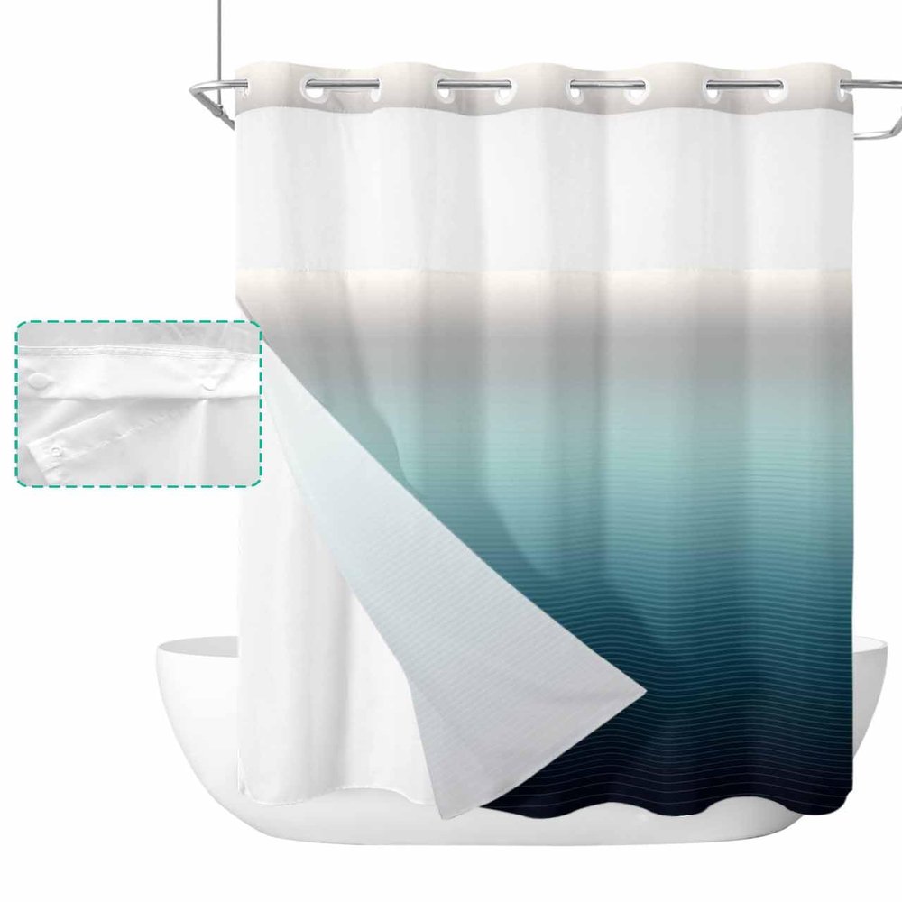 Green No Hook Shower Curtain with Snap in Liner, Grey Turquoise Stripe Gradient Hotel Shower Curtains for Bathroom, Washable Shower Curtain Liner Set with See Through Window, 72"x84"