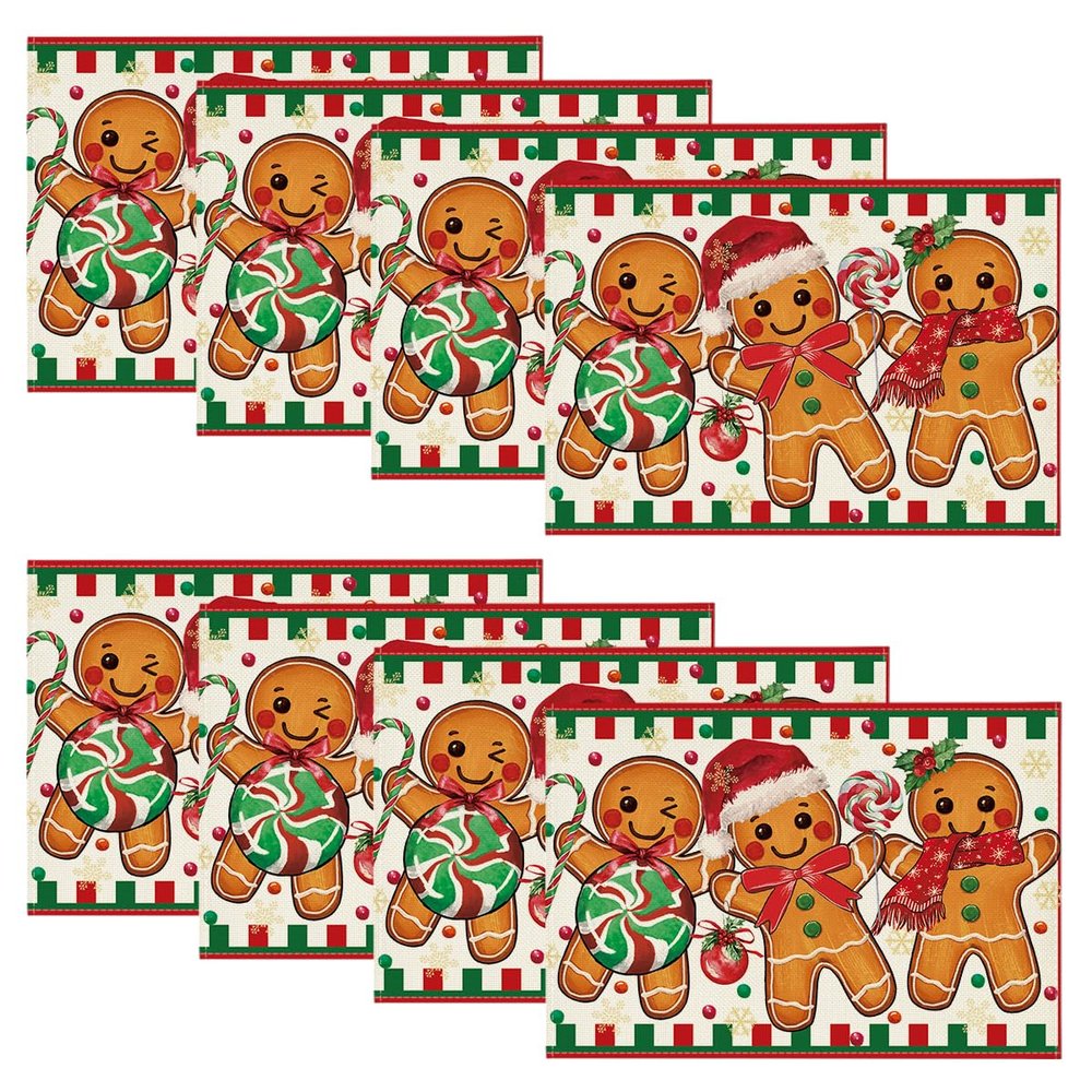 Artoid Mode Gingerbread Candy Cane Christmas Placemats Set of 8, 12x18 Inch Seasonal Table Mats for Party Kitchen Dining Decoration