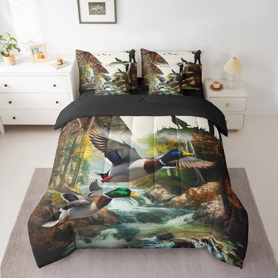 Erosebridal 7 Piece Duck Hunting Bed in a Bag Queen,Mallard Duck and Dog Comforter Set with Sheets,Hunting Theme Hunter Bedding Set for Kids Adults,Rustic Farm Bed Set with Fitted + Flat Sheet