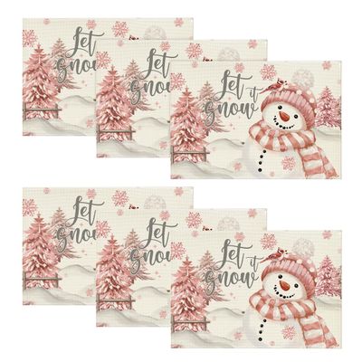 Artoid Mode Xmas Trees Let It Snow Pink Snowman Christmas Placemats Set of 6, 12x18 Inch Winter Table Mats for Party Kitchen Dining Decoration