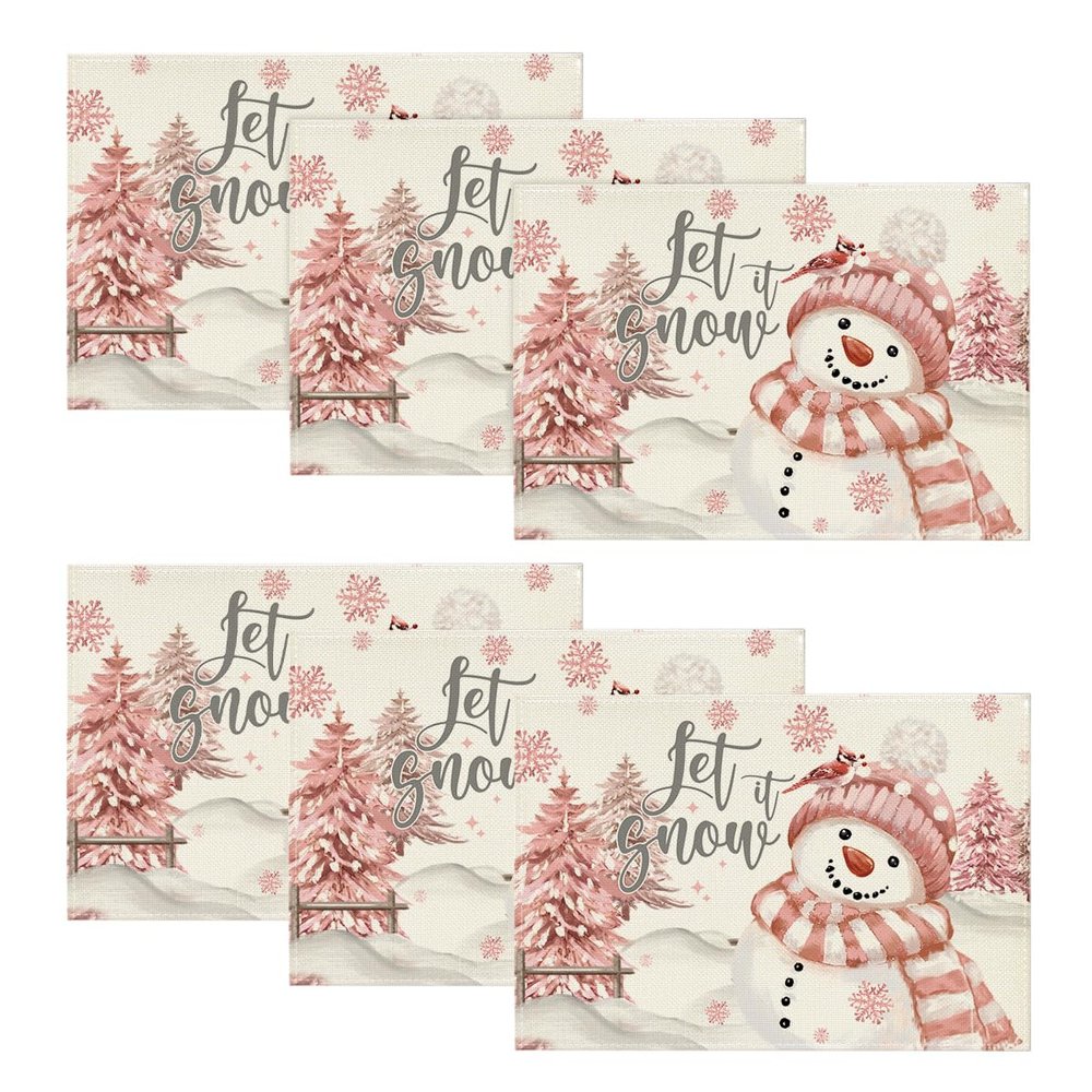 Artoid Mode Xmas Trees Let It Snow Pink Snowman Christmas Placemats Set of 6, 12x18 Inch Winter Table Mats for Party Kitchen Dining Decoration