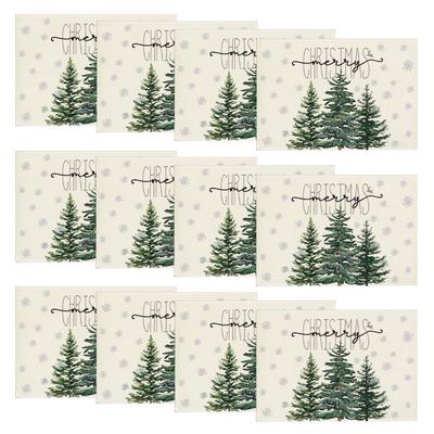 Artoid Mode Beige Pine Tree Snowflake Merry Christmas Placemats Set of 12, 12x18 Inch Seasonal Winter Xmas Holiday Table Mats for Party Kitchen Dining Decoration