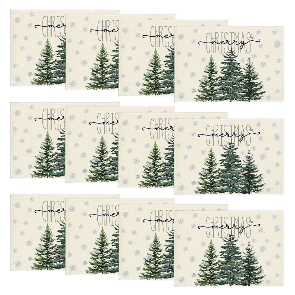 Artoid Mode Beige Pine Tree Snowflake Merry Christmas Placemats Set of 12, 12x18 Inch Seasonal Winter Xmas Holiday Table Mats for Party Kitchen Dining Decoration