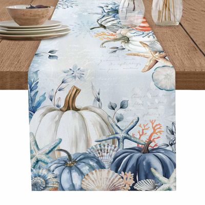 RisQiten Blue Coastal Beach Fall Table Runner - 48 Inch Long Thanksgiving Pumpkins Maple Leaf Cotton and Linen Blended Dress Scarves Farmhouse Table Runner for Kitchen Dining, Coffee Table, 13" x 48"