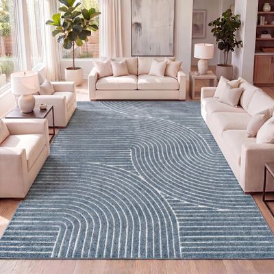 JONATHAN Y Hallie High-Low Curve Dark Blue/Cream 3x5 Indoor/Outdoor Area Rug, Minimalist Geometric, Pet Friendly, for Patio, Backyard, Living Room, Bedroom, Office, Hose-Washable (SCN100C-3)
